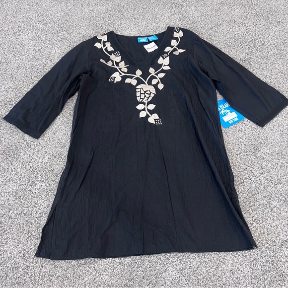 NWT Blue Island Beach Cover up Tunic Dress Womens Size M Black Cream Embroidery - Picture 1 of 7